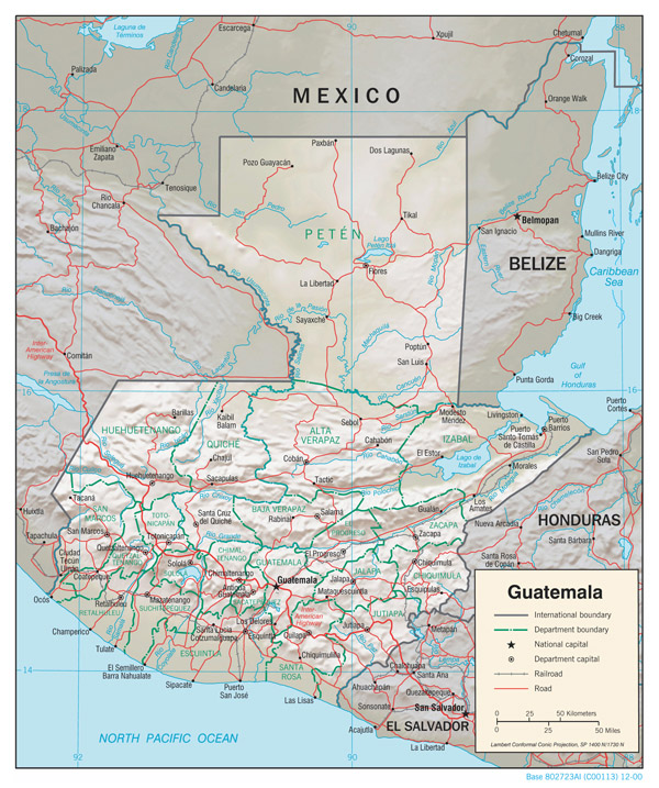 Large detailed relief and political map of Guatemala.