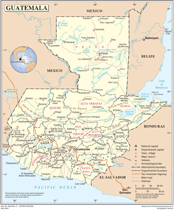 Large detailed road and political map of Guatemala.