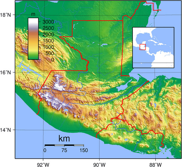 Large detailed topographical map of Guatemala.