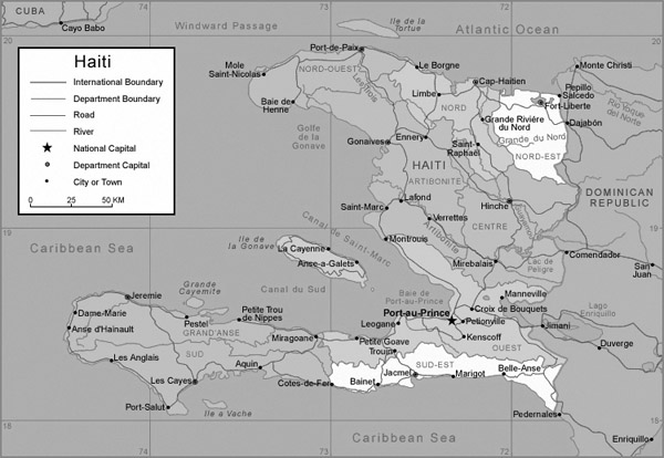 Detailed road and administrative map of Haiti.