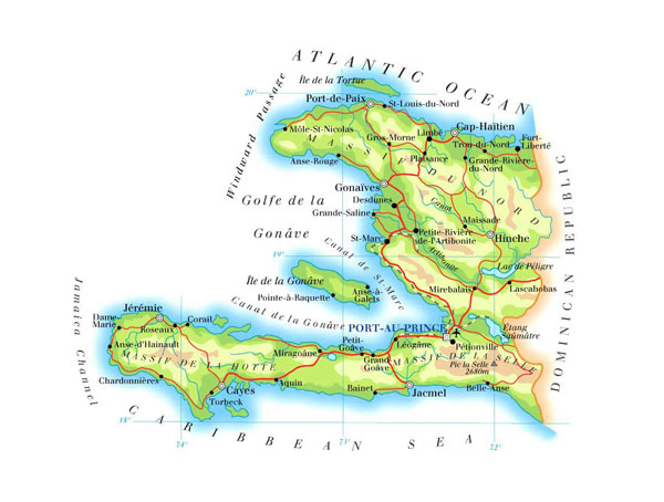 Detailed road and physical map of Haiti. Haiti detailed road and physical map.