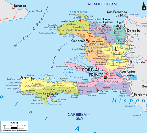 Large detailed political and road map of Haiti with cities.