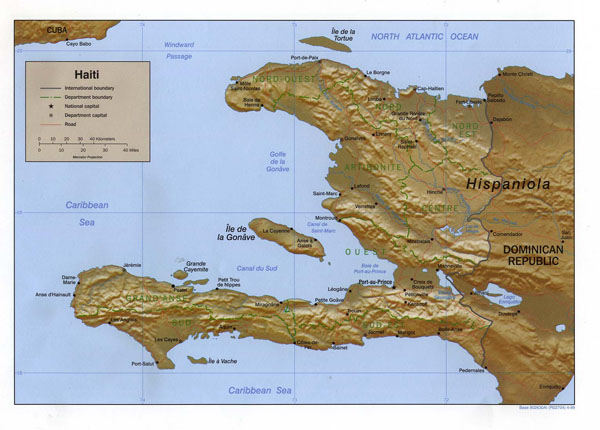 Large detailed relief and administrative map of Haiti.