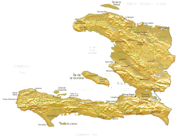 Large detailed relief map of Haiti. Haiti large detailed relief map.