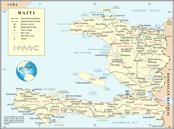 Large detailed road and administrative map of Haiti.