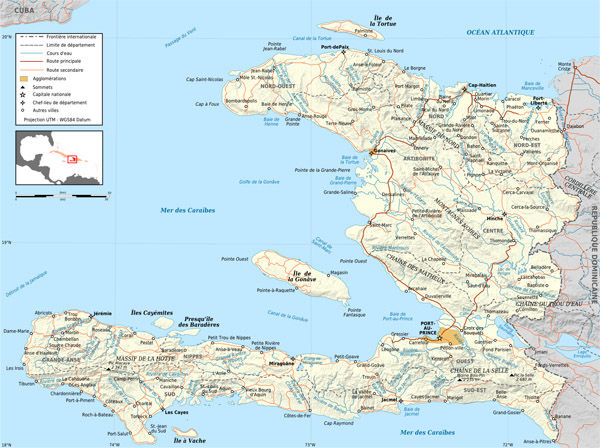 Large detailed road and political map of Haiti.