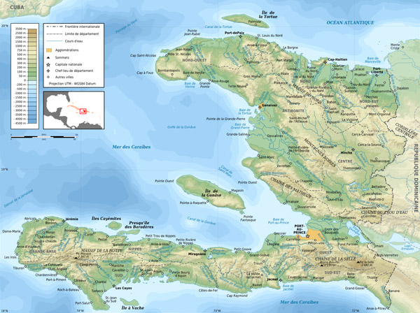 Large detailed topographical map of Haiti.