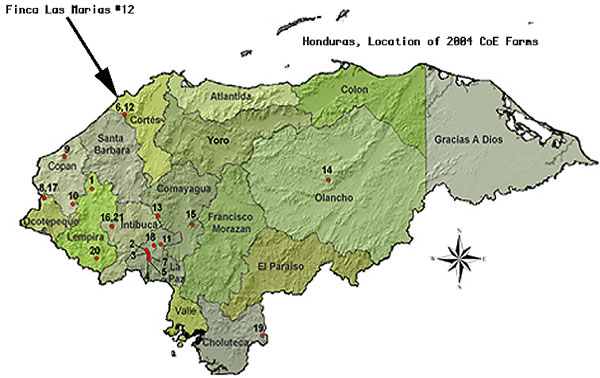 Honduras map of locating coffee plantations.