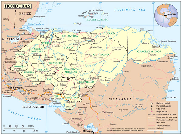 Based administrative map of Honduras. Honduras based administrative map.