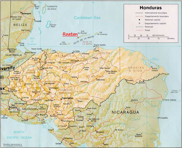 Large detailed administrative and relief map of Honduras.