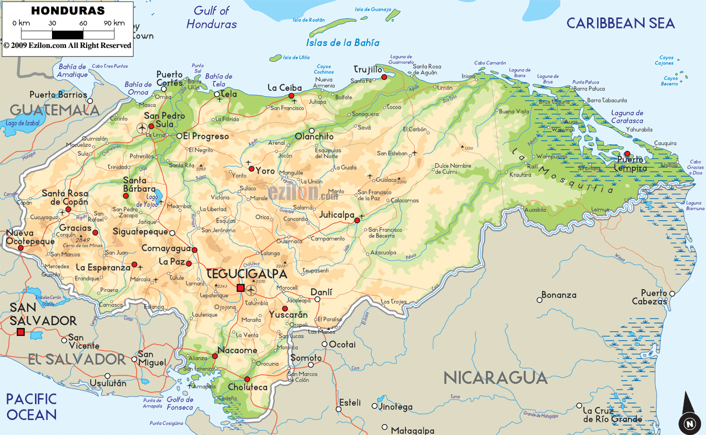 Large Detailed Physical And Road Map Of Honduras Honduras Large 