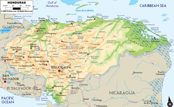 Large detailed physical and road map of Honduras.