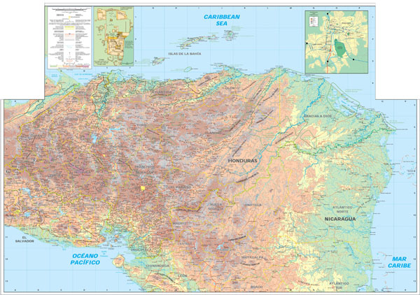 Large detailed physical and topographic map of Honduras.