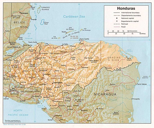 Large detailed political and relief map of Honduras.