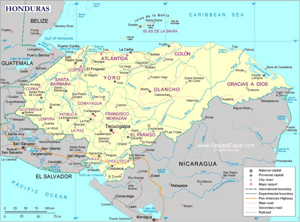 Large detailed political map of Honduras.