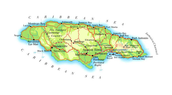 Detailed physical and road map of Jamaica. Jamaica detailed physical and road map.