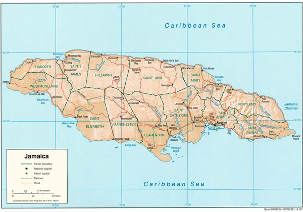 Large detailed administrative and relief map of Jamaica.