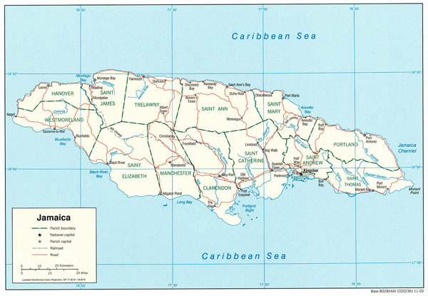 Large detailed administrative and road map of Jamaica.