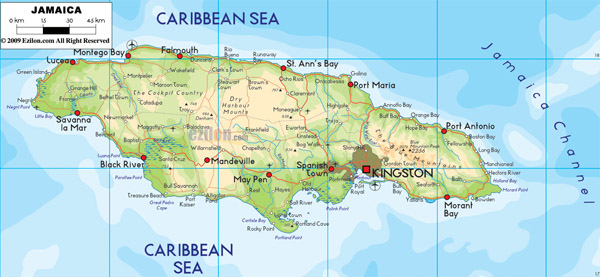 Large detailed physical and road map of Jamaica with cities.