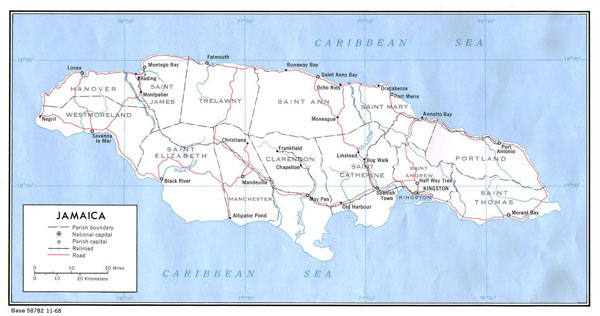 Large detailed political map of Jamaica.