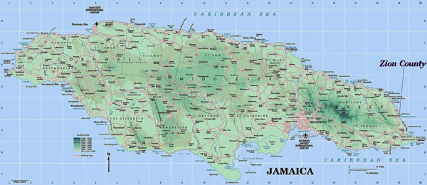 Large detailed road and physical map of Jamaica.