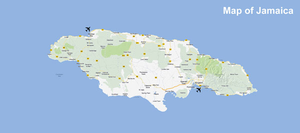Large detailed road and physical map of Jamaica with cities and airports.