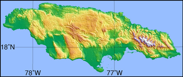 Large detailed topographical map of Jamaica.