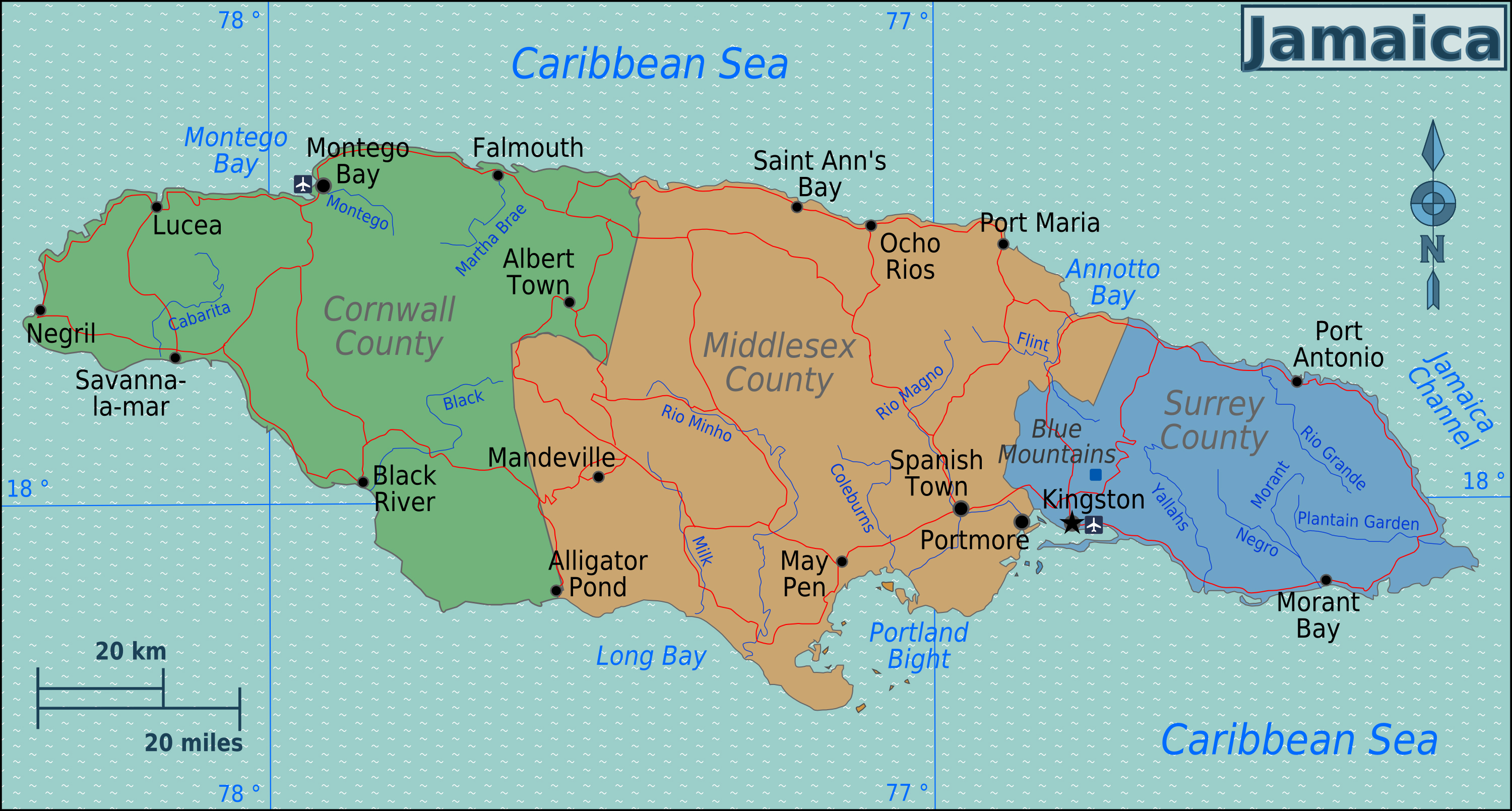 Large map of the regions of Jamaica. Jamaica regions large map