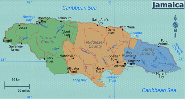 Large map of the regions of Jamaica. Jamaica regions large map.