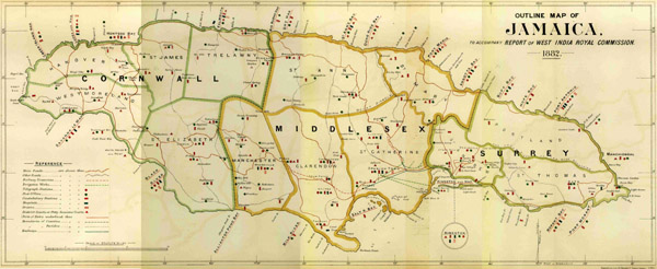 Old large detailed map of Jamaica 1882. Jamaica old large detailed map of 1882.