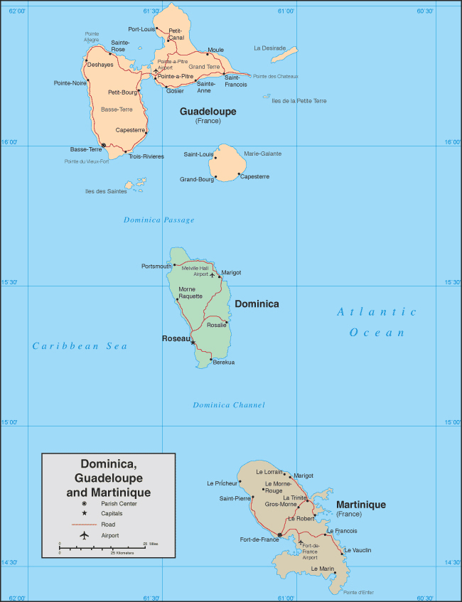 Dominica, Guadelupe and Martinique detailed political map.