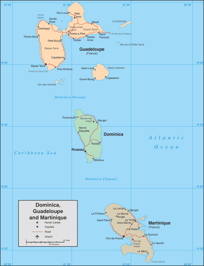 Dominica, Guadelupe and Martinique detailed political map. Dominica, Guadelupe and Martinique detailed political map.