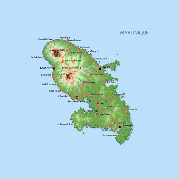 Large detailed road and physical map of Martinique.