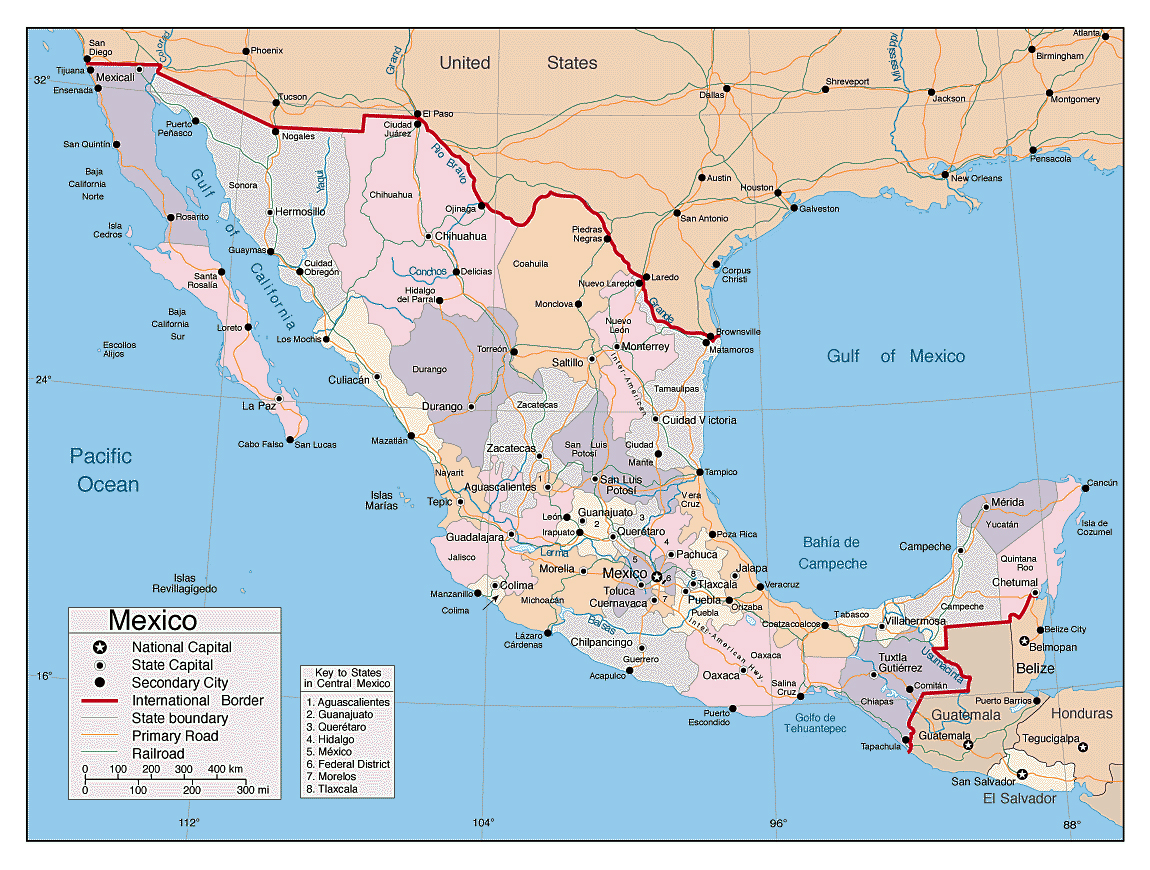 Detailed political and administrative map of Mexico with major cities