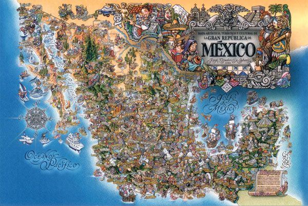 Detailed tourist illustrated map of Mexico. Mexico detailed tourist illustrated map.