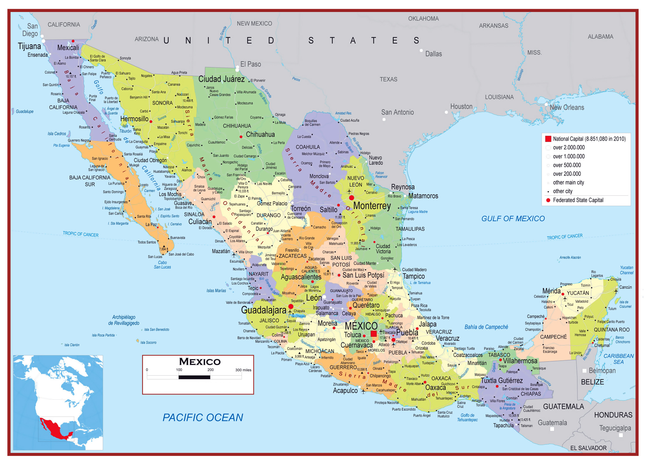 Large detailed political and administrative map of Mexico with roads