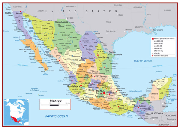 Large detailed political and administrative map of Mexico with roads and cities.