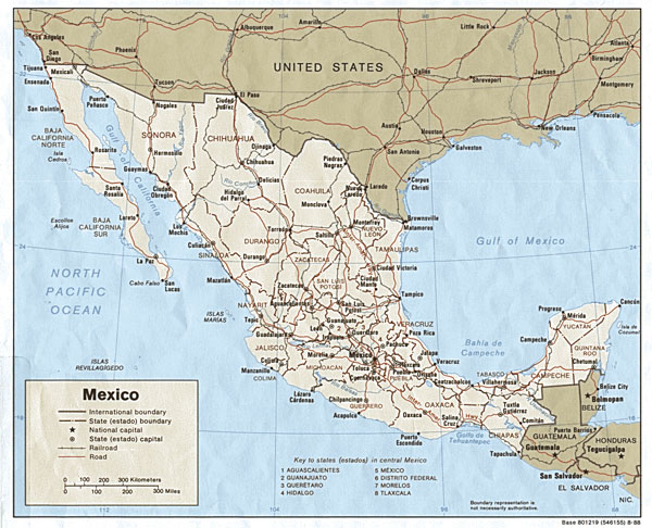 Large detailed political map of Mexico with roads and railways.