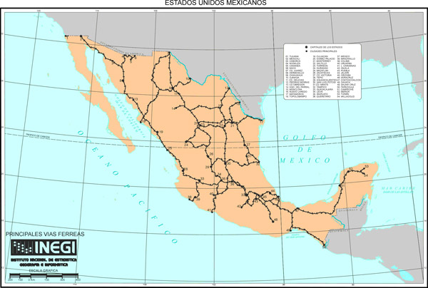Large detailed railroads map of Mexico.
