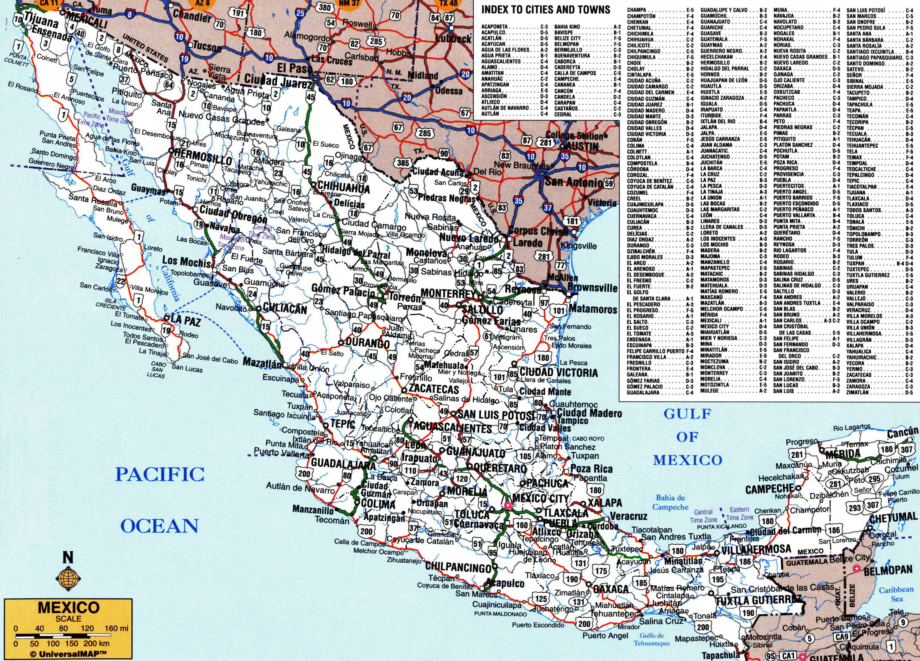 Large detailed roads and highways map of Mexico with all cities