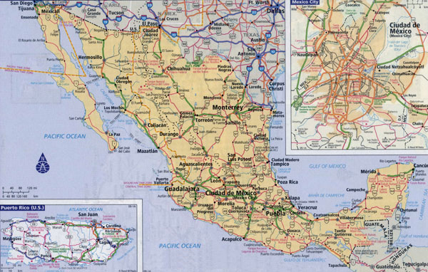 Large detailed roads and highways map of Mexico with cities.