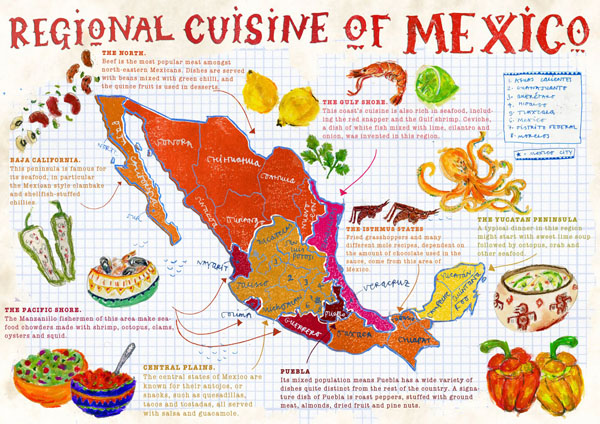 Large map of regional cuisine of Mexico. Mexico regional cuisine large map.