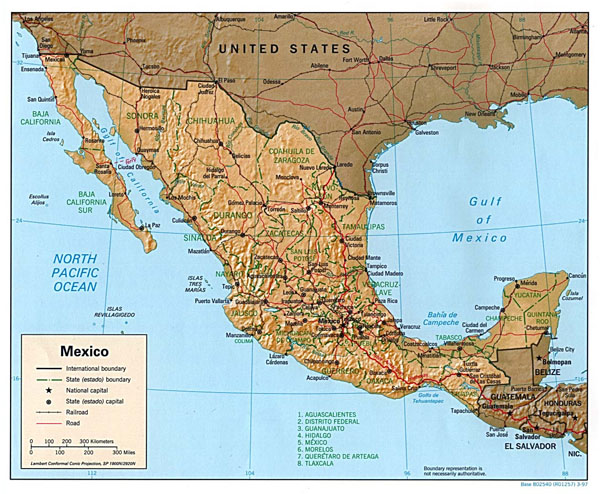 Large political and administrative map of Mexico with relief, roads and cities.