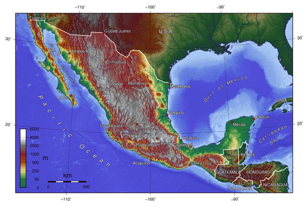 Large topographical map of Mexico. Mexico large topographical map.