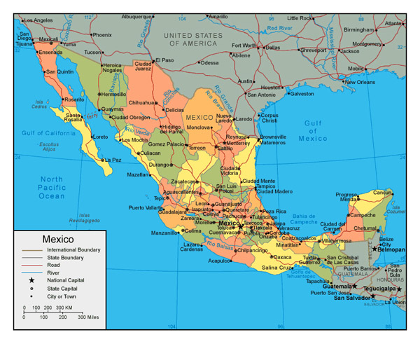 Political and administrative map of Mexico with major cities and roads.