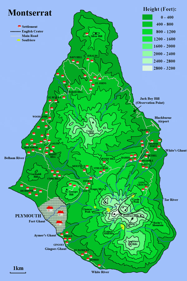 Large detailed physical map of Montserrat Island.