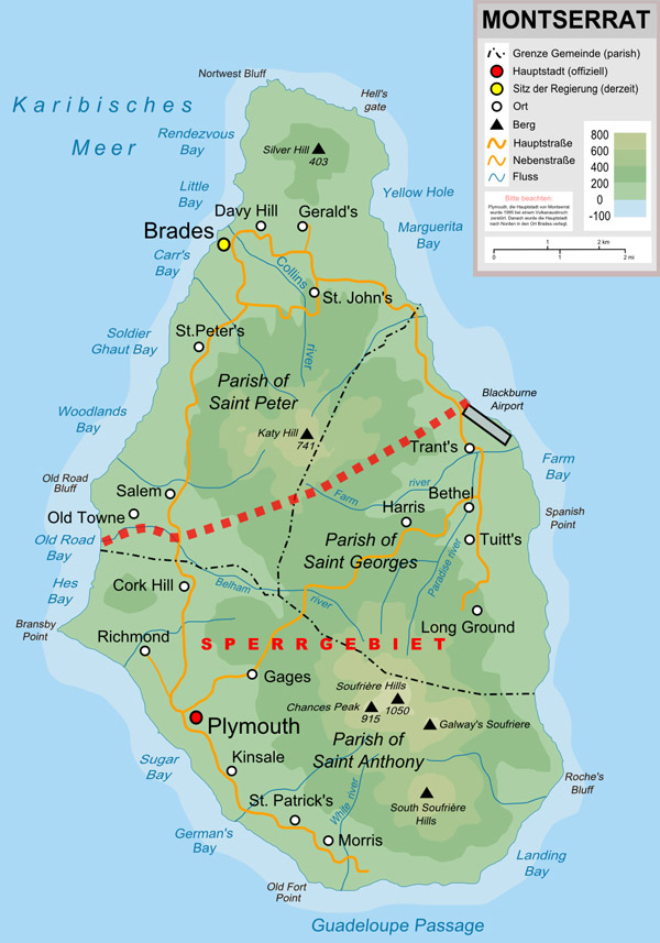 Large detailed topographic map of Montserrat Island with roads.