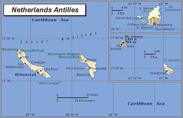 Detailed political and physical map of Netherlands Antilles and Aruba.