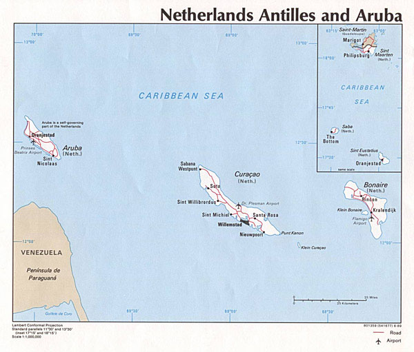 Detailed political map of Netherlands Antilles and Aruba.