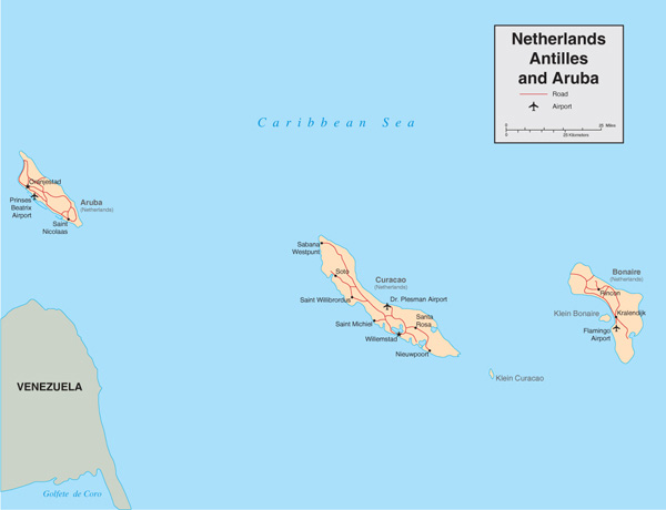 Detailed political map of Netherlands Antilles and Aruba with roads and airports.